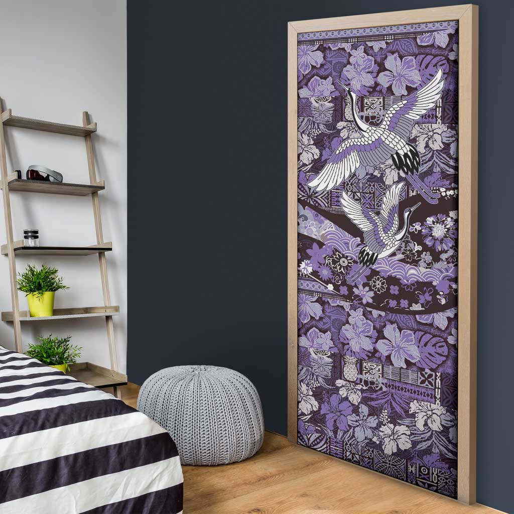 Japanese Hawaiian Crane Door Cover Purple Tapa Patchwork Pattern