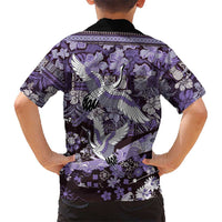 Japanese Hawaiian Crane Family Matching Off The Shoulder Long Sleeve Dress and Hawaiian Shirt Purple Tapa Patchwork Pattern LT9 - Polynesian Pride