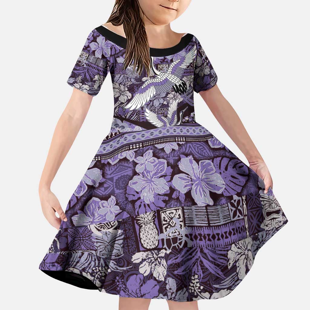 Japanese Hawaiian Crane Family Matching Off The Shoulder Long Sleeve Dress and Hawaiian Shirt Purple Tapa Patchwork Pattern LT9 Daughter's Dress Purple - Polynesian Pride
