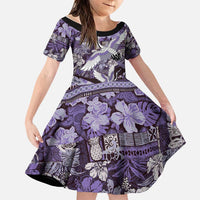 Japanese Hawaiian Crane Family Matching Off The Shoulder Long Sleeve Dress and Hawaiian Shirt Purple Tapa Patchwork Pattern LT9 Daughter's Dress Purple - Polynesian Pride