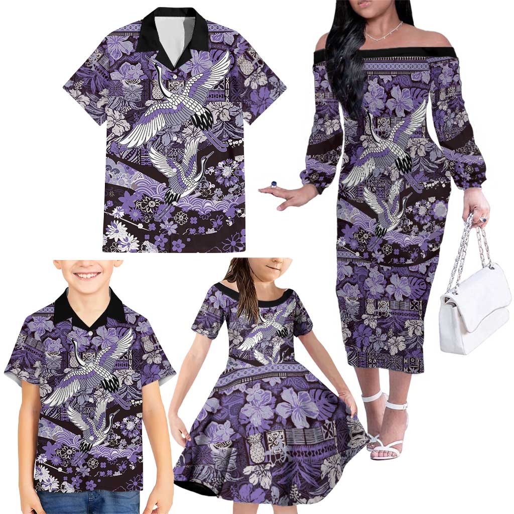 Japanese Hawaiian Crane Family Matching Off The Shoulder Long Sleeve Dress and Hawaiian Shirt Purple Tapa Patchwork Pattern LT9 - Polynesian Pride