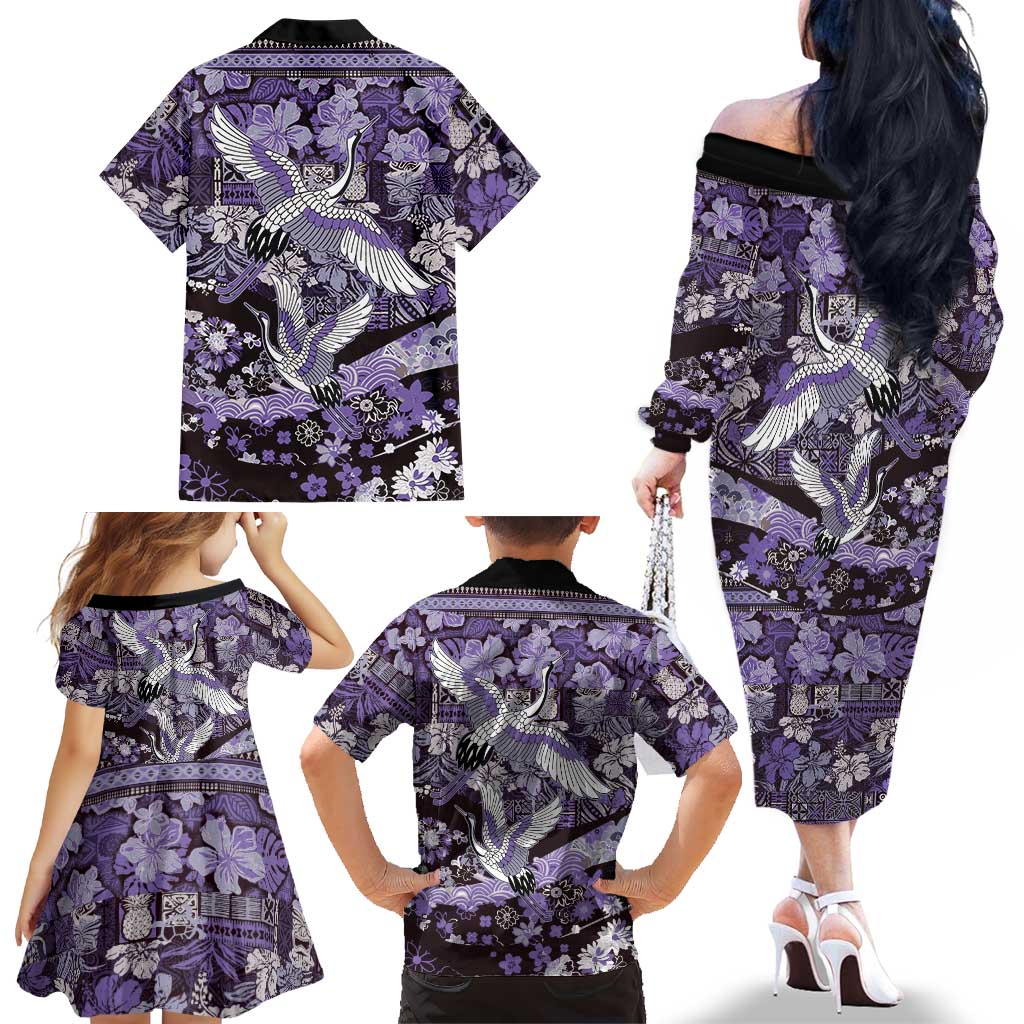 Japanese Hawaiian Crane Family Matching Off The Shoulder Long Sleeve Dress and Hawaiian Shirt Purple Tapa Patchwork Pattern LT9 - Polynesian Pride