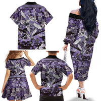 Japanese Hawaiian Crane Family Matching Off The Shoulder Long Sleeve Dress and Hawaiian Shirt Purple Tapa Patchwork Pattern LT9 - Polynesian Pride