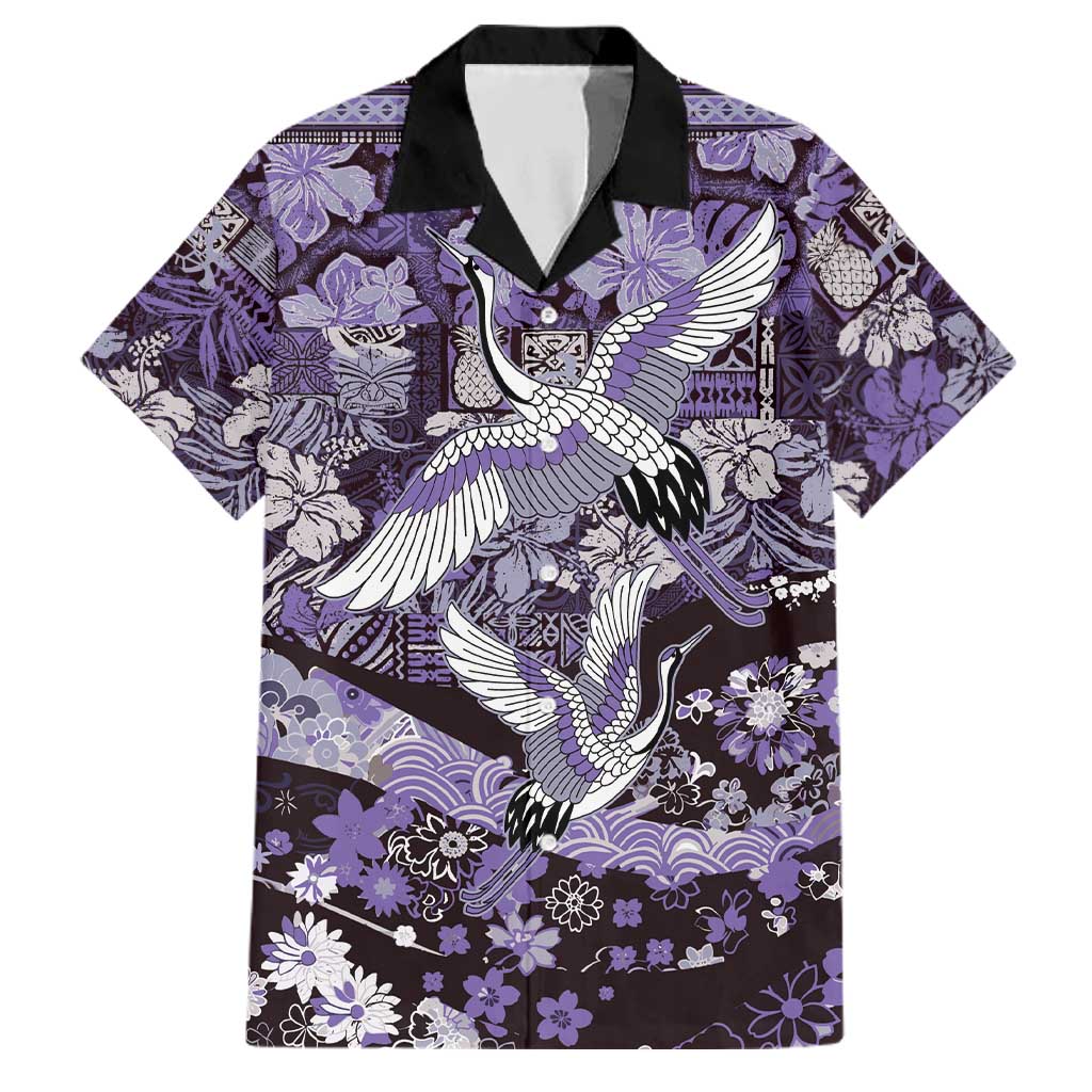 Japanese Hawaiian Crane Family Matching Off The Shoulder Long Sleeve Dress and Hawaiian Shirt Purple Tapa Patchwork Pattern LT9 Dad's Shirt - Short Sleeve Purple - Polynesian Pride