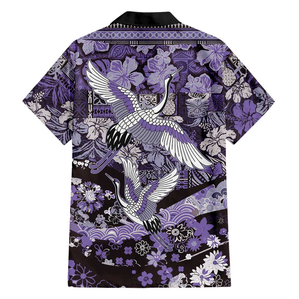 Japanese Hawaiian Crane Family Matching Off The Shoulder Long Sleeve Dress and Hawaiian Shirt Purple Tapa Patchwork Pattern LT9 - Polynesian Pride