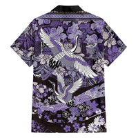 Japanese Hawaiian Crane Family Matching Off The Shoulder Long Sleeve Dress and Hawaiian Shirt Purple Tapa Patchwork Pattern LT9 - Polynesian Pride
