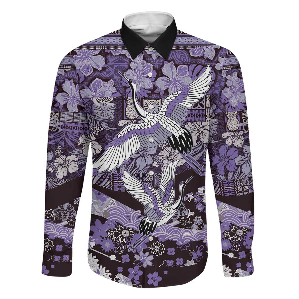 Japanese Hawaiian Crane Family Matching Off The Shoulder Long Sleeve Dress and Hawaiian Shirt Purple Tapa Patchwork Pattern LT9 Dad's Shirt - Long Sleeve Purple - Polynesian Pride