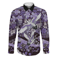 Japanese Hawaiian Crane Family Matching Off The Shoulder Long Sleeve Dress and Hawaiian Shirt Purple Tapa Patchwork Pattern LT9 Dad's Shirt - Long Sleeve Purple - Polynesian Pride