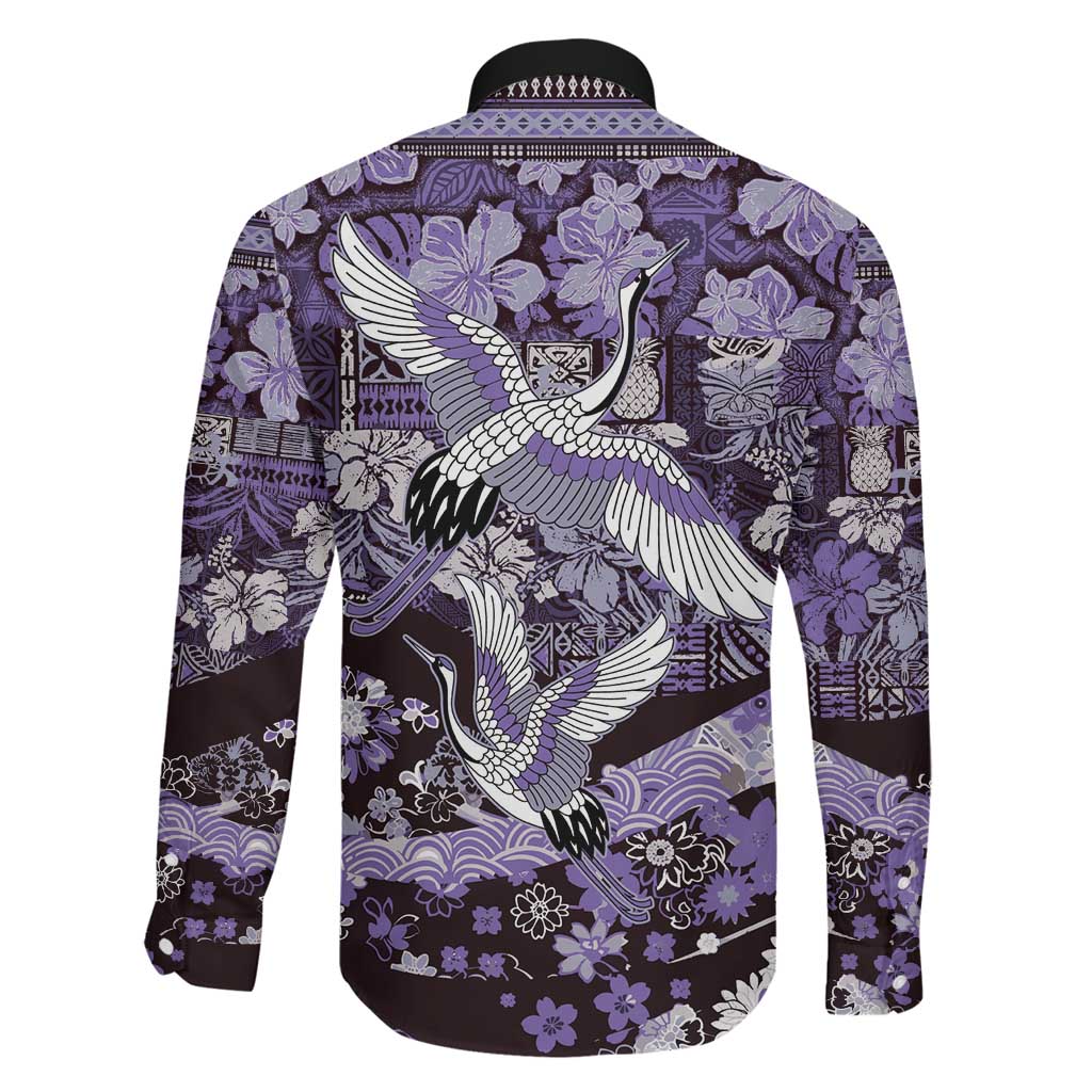 Japanese Hawaiian Crane Family Matching Off The Shoulder Long Sleeve Dress and Hawaiian Shirt Purple Tapa Patchwork Pattern LT9 - Polynesian Pride