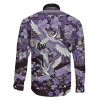 Japanese Hawaiian Crane Family Matching Off The Shoulder Long Sleeve Dress and Hawaiian Shirt Purple Tapa Patchwork Pattern LT9 - Polynesian Pride
