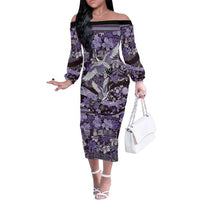 Japanese Hawaiian Crane Family Matching Off The Shoulder Long Sleeve Dress and Hawaiian Shirt Purple Tapa Patchwork Pattern LT9 Mom's Dress Purple - Polynesian Pride