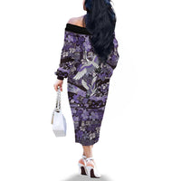 Japanese Hawaiian Crane Family Matching Off The Shoulder Long Sleeve Dress and Hawaiian Shirt Purple Tapa Patchwork Pattern LT9 - Polynesian Pride