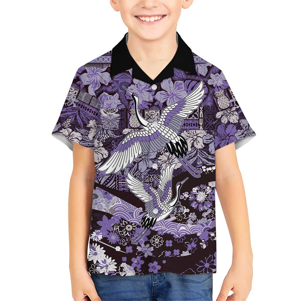 Japanese Hawaiian Crane Family Matching Off The Shoulder Long Sleeve Dress and Hawaiian Shirt Purple Tapa Patchwork Pattern LT9 Son's Shirt Purple - Polynesian Pride