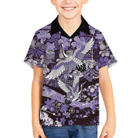 Japanese Hawaiian Crane Family Matching Off The Shoulder Long Sleeve Dress and Hawaiian Shirt Purple Tapa Patchwork Pattern LT9 Son's Shirt Purple - Polynesian Pride