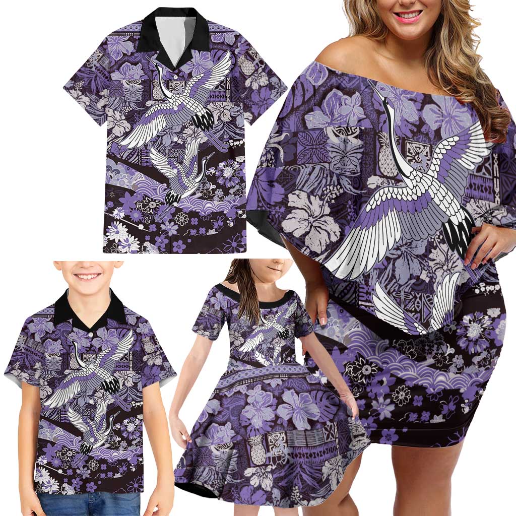 Japanese Hawaiian Crane Family Matching Off Shoulder Short Dress and Hawaiian Shirt Purple Tapa Patchwork Pattern