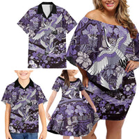 Japanese Hawaiian Crane Family Matching Off Shoulder Short Dress and Hawaiian Shirt Purple Tapa Patchwork Pattern
