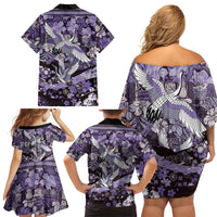 Japanese Hawaiian Crane Family Matching Off Shoulder Short Dress and Hawaiian Shirt Purple Tapa Patchwork Pattern