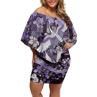 Japanese Hawaiian Crane Family Matching Off Shoulder Short Dress and Hawaiian Shirt Purple Tapa Patchwork Pattern