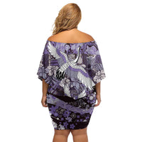 Japanese Hawaiian Crane Family Matching Off Shoulder Short Dress and Hawaiian Shirt Purple Tapa Patchwork Pattern