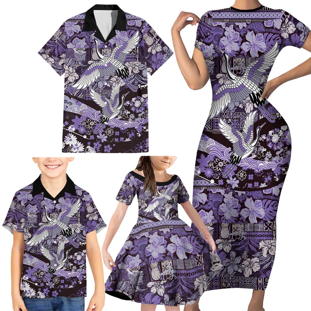 Japanese Hawaiian Crane Family Matching Short Sleeve Bodycon Dress and Hawaiian Shirt Purple Tapa Patchwork Pattern