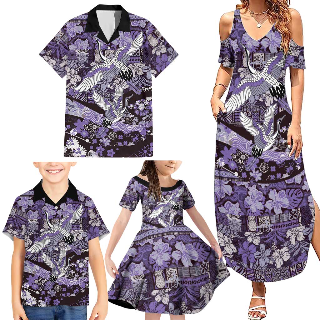 Japanese Hawaiian Crane Family Matching Summer Maxi Dress and Hawaiian Shirt Purple Tapa Patchwork Pattern
