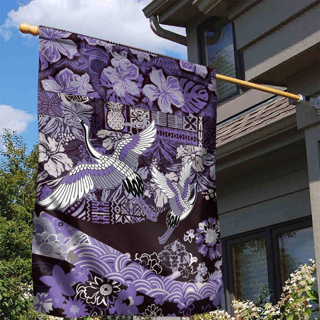 Japanese Hawaiian Crane Garden Flag Purple Tapa Patchwork Pattern LT9 - Polynesian Pride