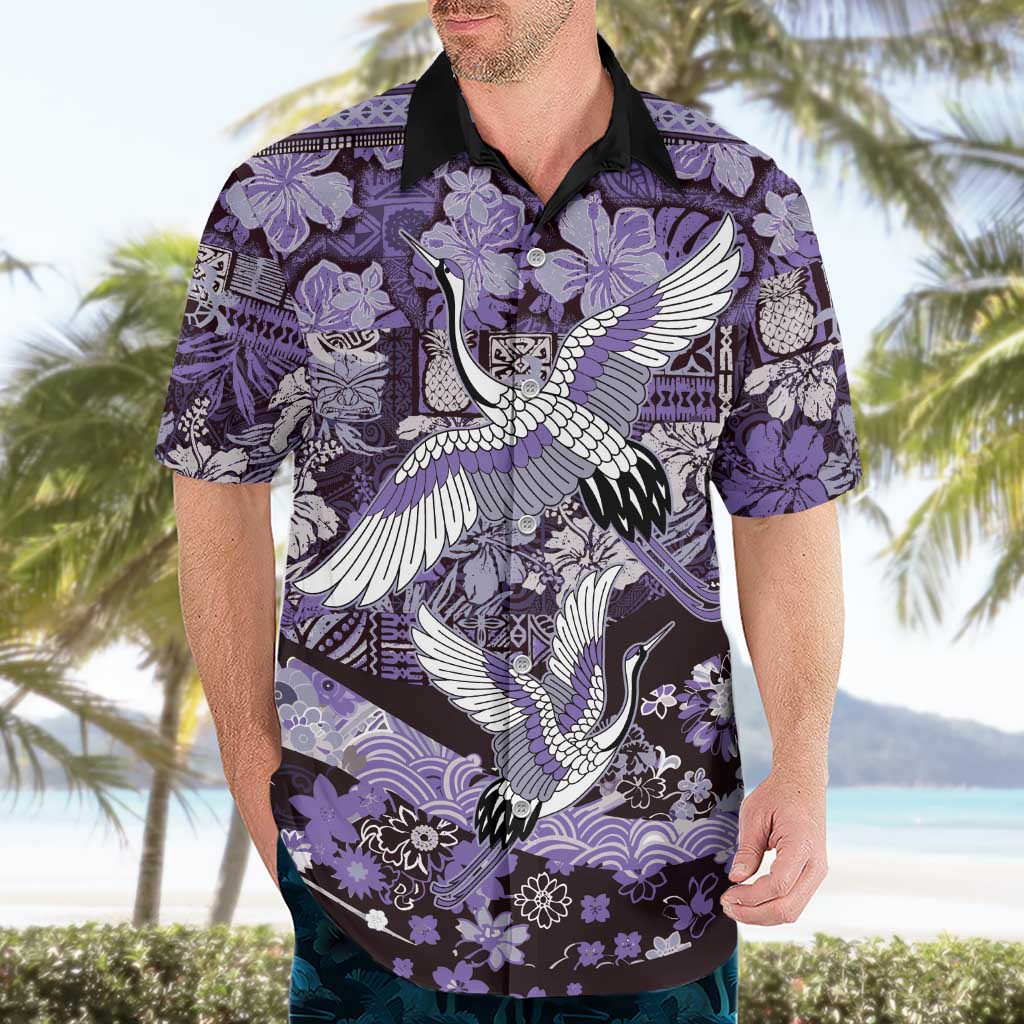 Japanese Hawaiian Crane Hawaiian Shirt Purple Tapa Patchwork Pattern LT9 - Polynesian Pride