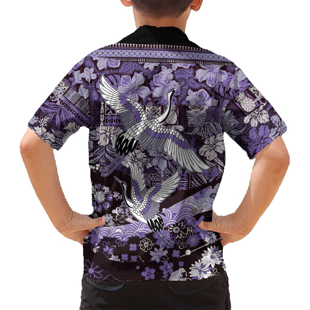 Japanese Hawaiian Crane Hawaiian Shirt Purple Tapa Patchwork Pattern LT9 - Polynesian Pride