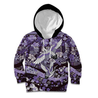 Japanese Hawaiian Crane Kid Hoodie Purple Tapa Patchwork Pattern