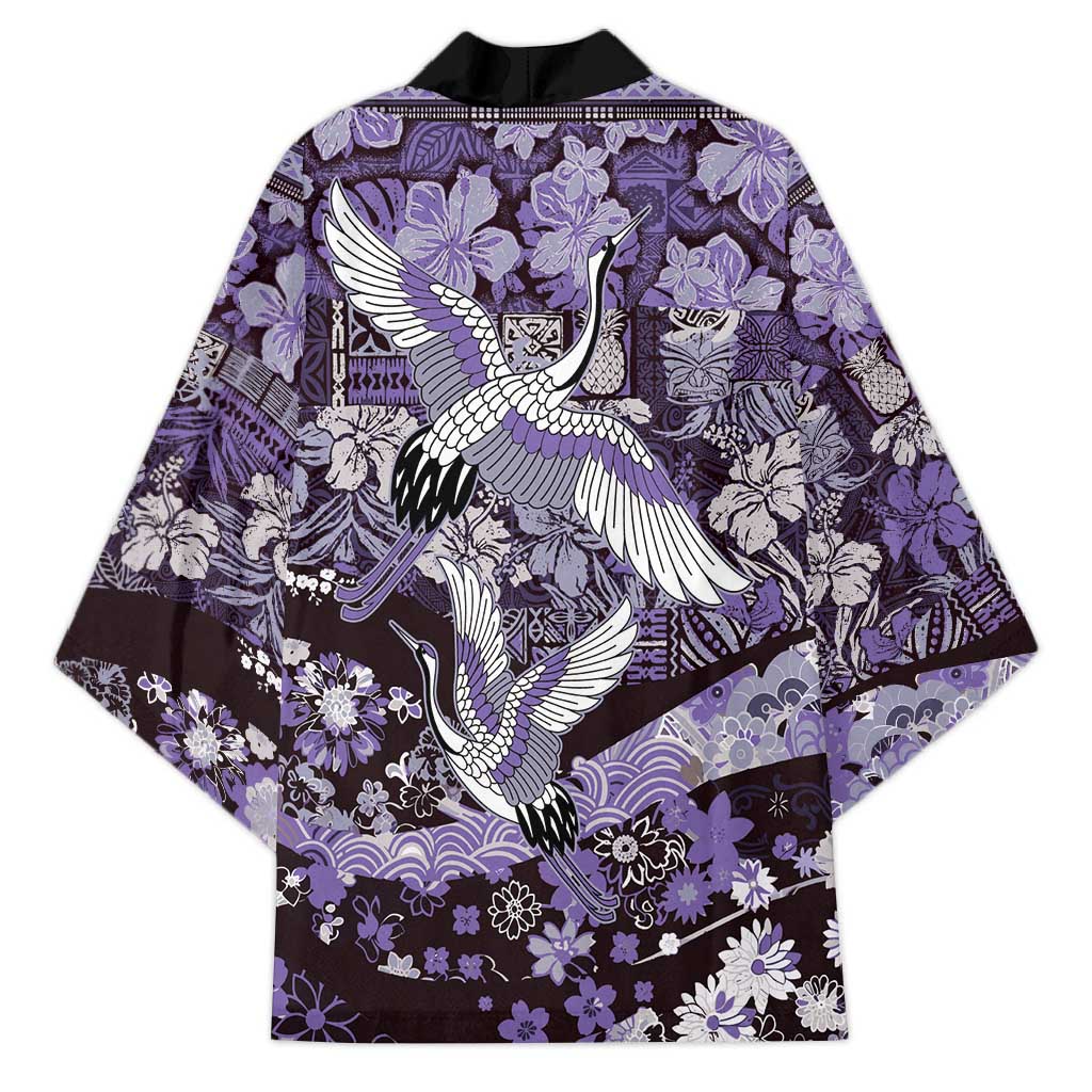 Japanese Hawaiian Crane Kimono Purple Tapa Patchwork Pattern LT9 - Polynesian Pride