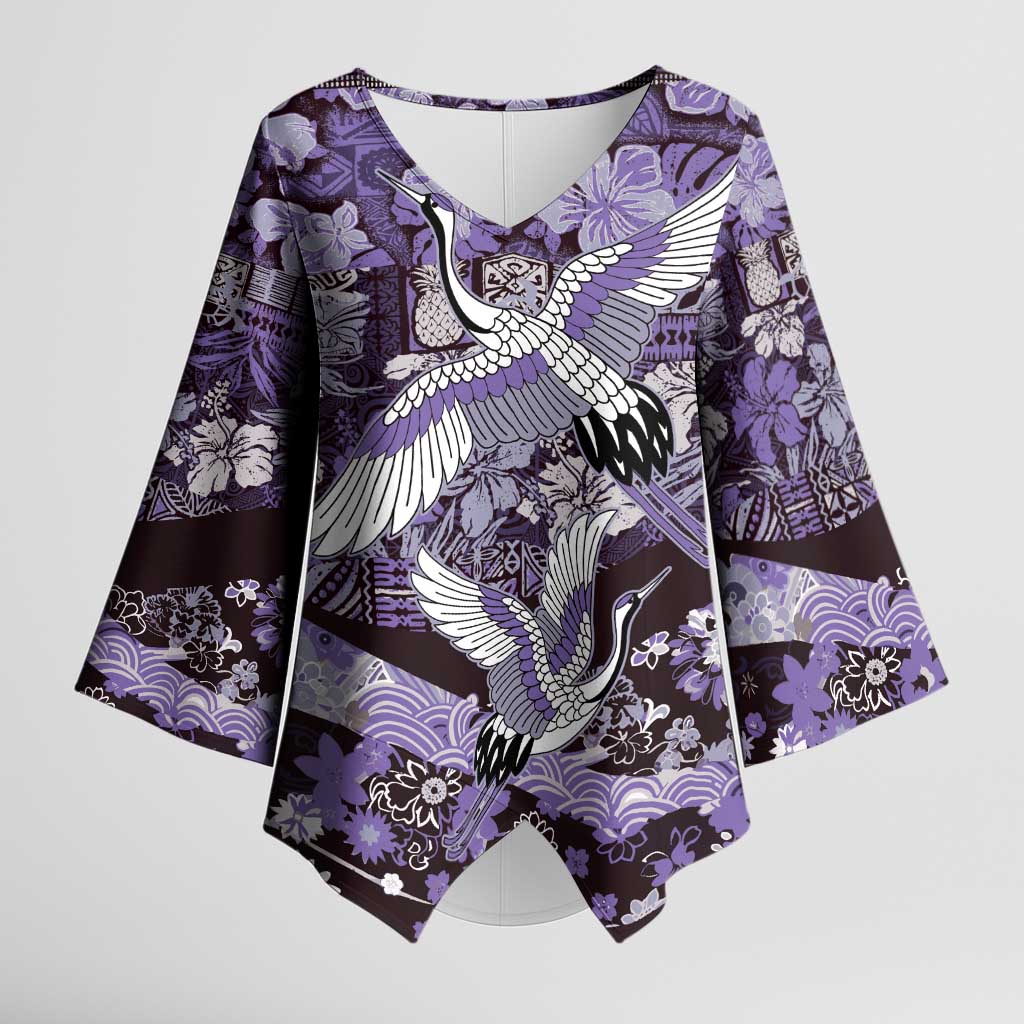 Japanese Hawaiian Crane Kimono Sleeve Blouse Purple Tapa Patchwork Pattern