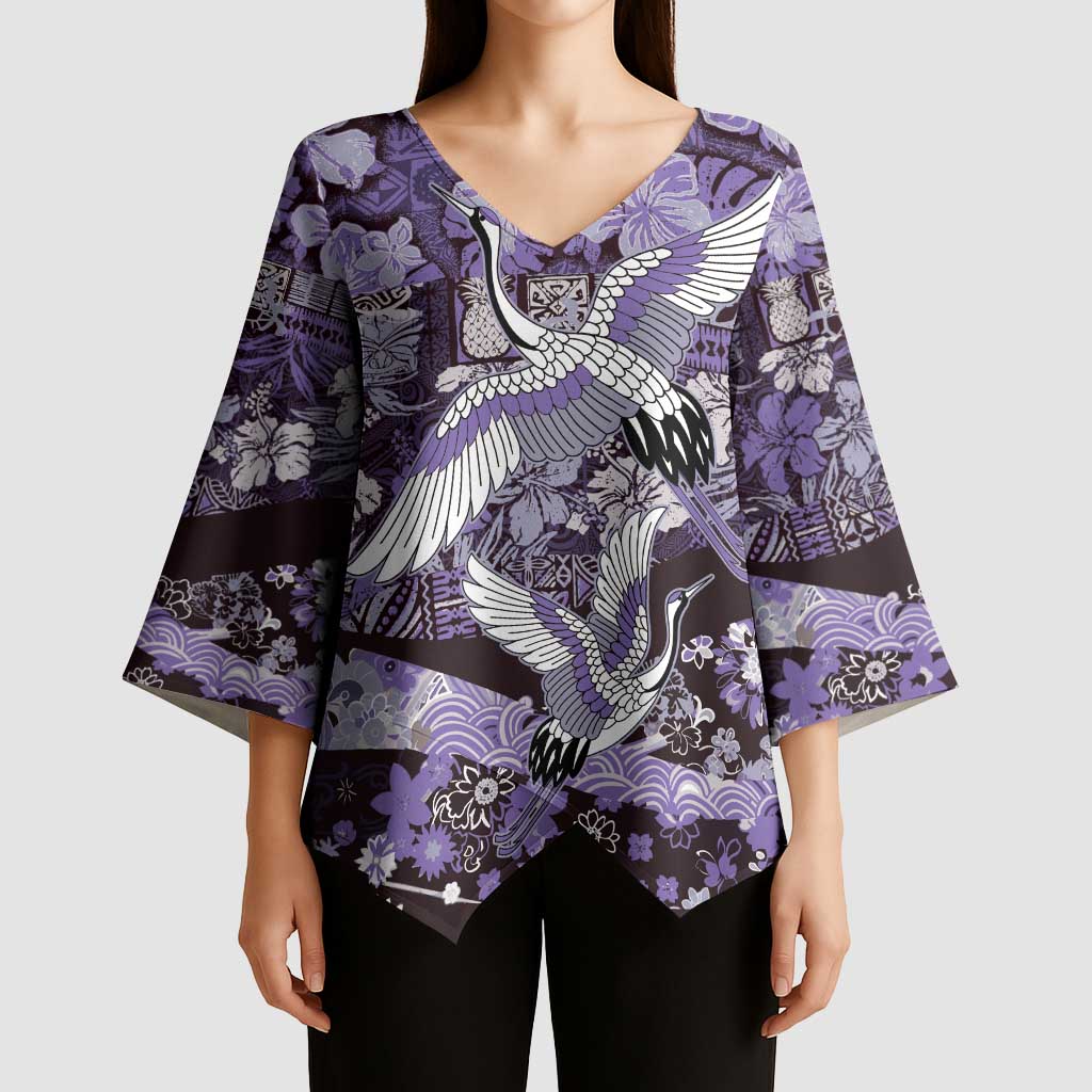Japanese Hawaiian Crane Kimono Sleeve Blouse Purple Tapa Patchwork Pattern