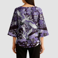 Japanese Hawaiian Crane Kimono Sleeve Blouse Purple Tapa Patchwork Pattern
