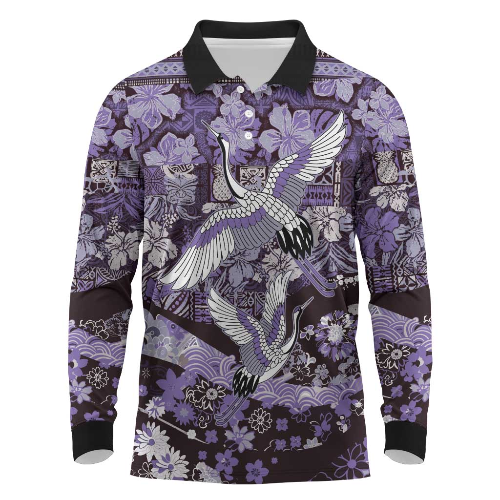 Japanese Hawaiian Crane Long Sleeve Polo Shirt Purple Tapa Patchwork Pattern LT9 Purple - Polynesian Pride