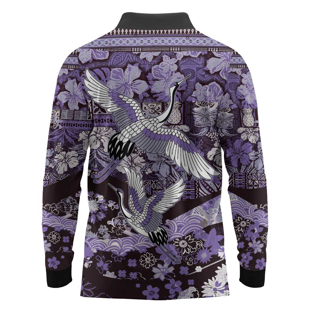 Japanese Hawaiian Crane Long Sleeve Polo Shirt Purple Tapa Patchwork Pattern LT9 - Polynesian Pride