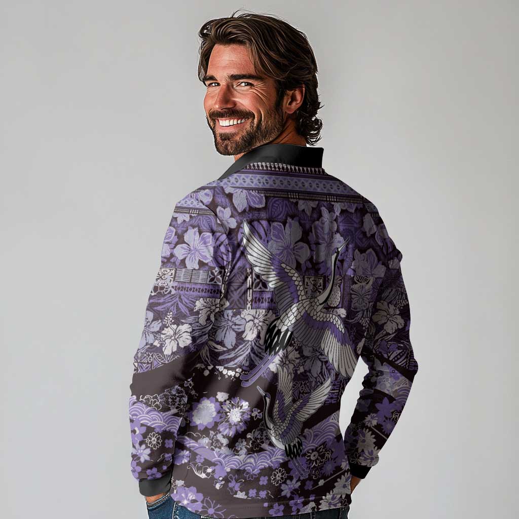 Japanese Hawaiian Crane Long Sleeve Polo Shirt Purple Tapa Patchwork Pattern LT9 - Polynesian Pride