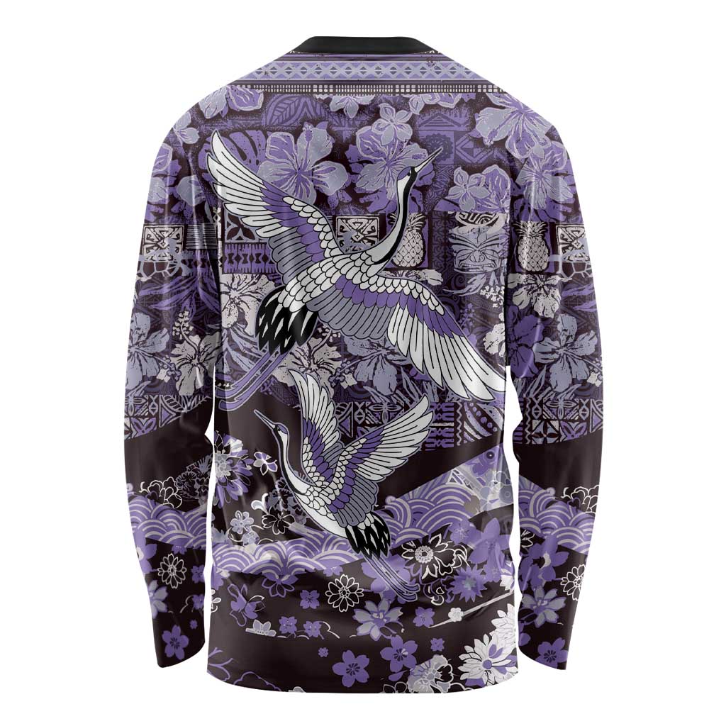 Japanese Hawaiian Crane Long Sleeve Shirt Purple Tapa Patchwork Pattern