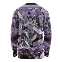 Japanese Hawaiian Crane Long Sleeve Shirt Purple Tapa Patchwork Pattern