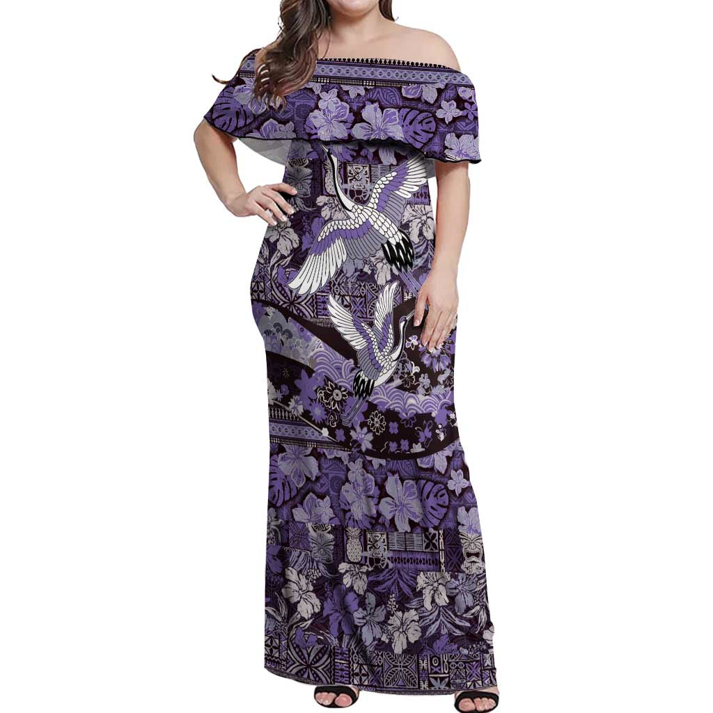 Japanese Hawaiian Crane Off Shoulder Maxi Dress Purple Tapa Patchwork Pattern