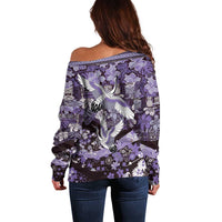 Japanese Hawaiian Crane Off Shoulder Sweater Purple Tapa Patchwork Pattern