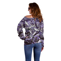 Japanese Hawaiian Crane Off Shoulder Sweater Purple Tapa Patchwork Pattern