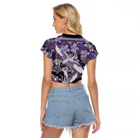 Japanese Hawaiian Crane Raglan Cropped T Shirt Purple Tapa Patchwork Pattern