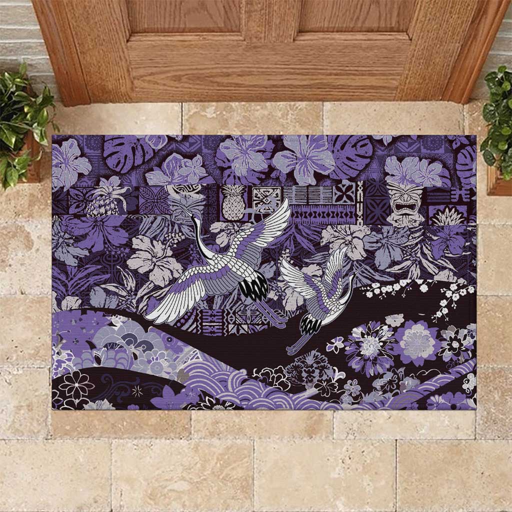 Japanese Hawaiian Crane Rubber Doormat Purple Tapa Patchwork Pattern LT9 Purple - Polynesian Pride