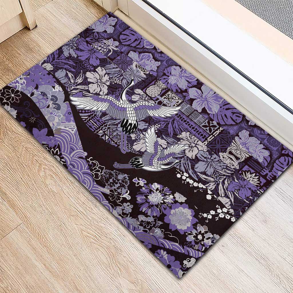 Japanese Hawaiian Crane Rubber Doormat Purple Tapa Patchwork Pattern LT9 - Polynesian Pride