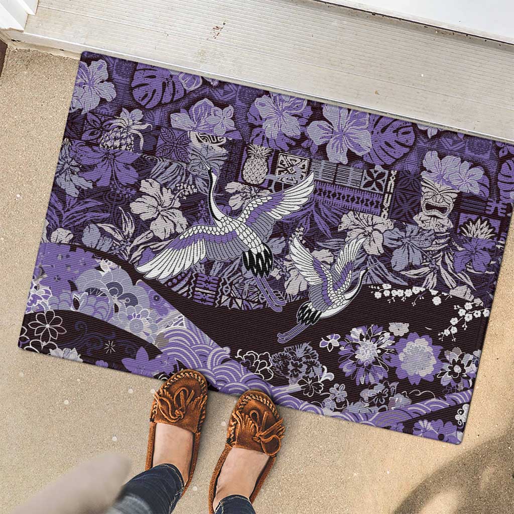 Japanese Hawaiian Crane Rubber Doormat Purple Tapa Patchwork Pattern LT9 - Polynesian Pride