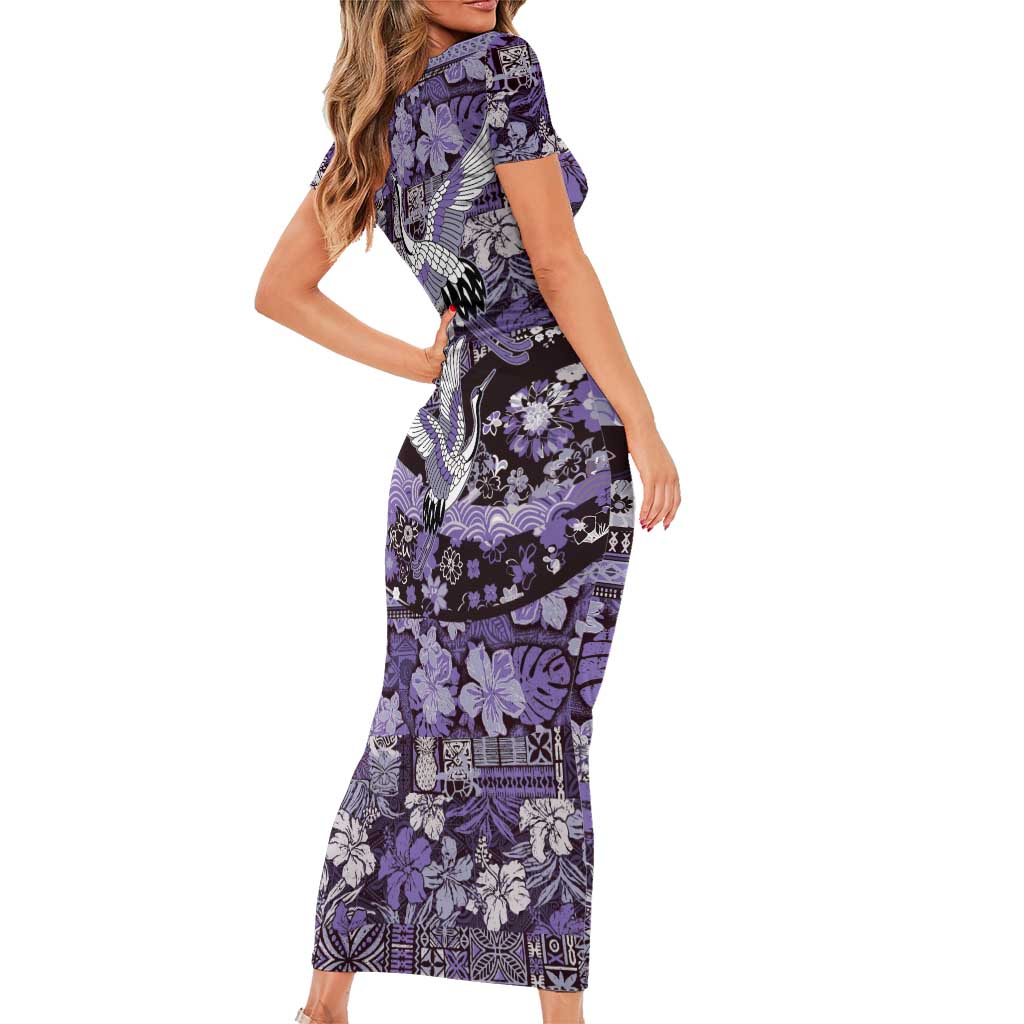 Japanese Hawaiian Crane Short Sleeve Bodycon Dress Purple Tapa Patchwork Pattern