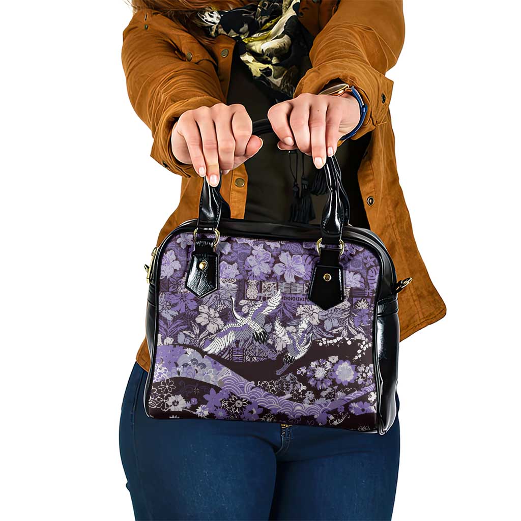 Japanese Hawaiian Crane Shoulder Handbag Purple Tapa Patchwork Pattern