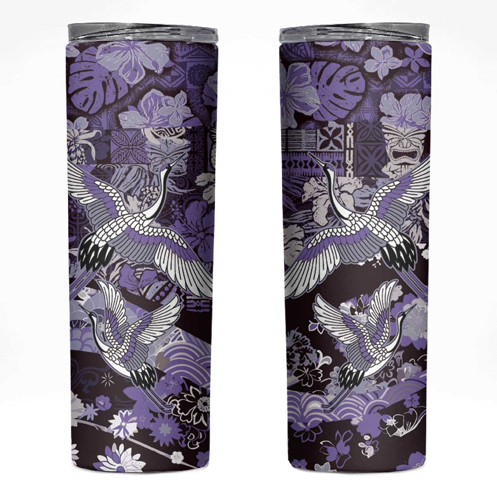Japanese Hawaiian Crane Skinny Tumbler Purple Tapa Patchwork Pattern