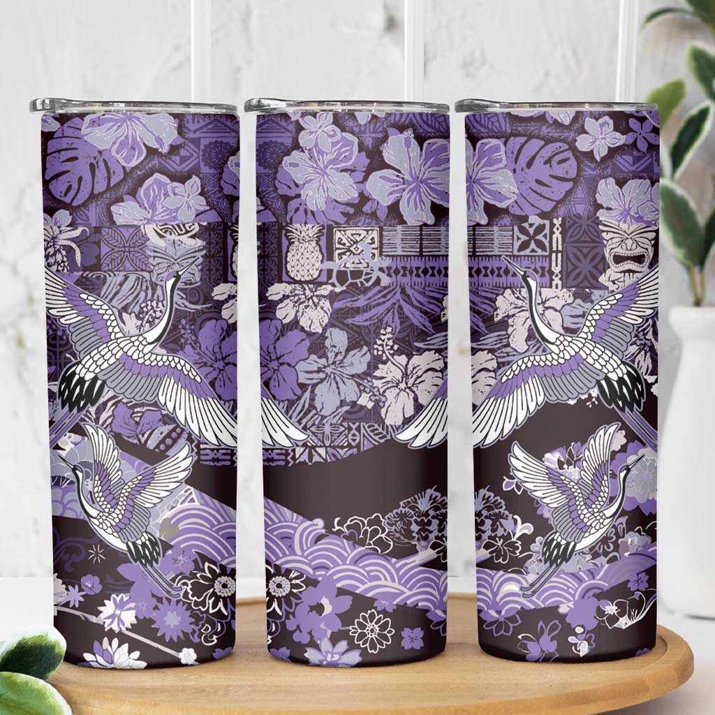 Japanese Hawaiian Crane Skinny Tumbler Purple Tapa Patchwork Pattern