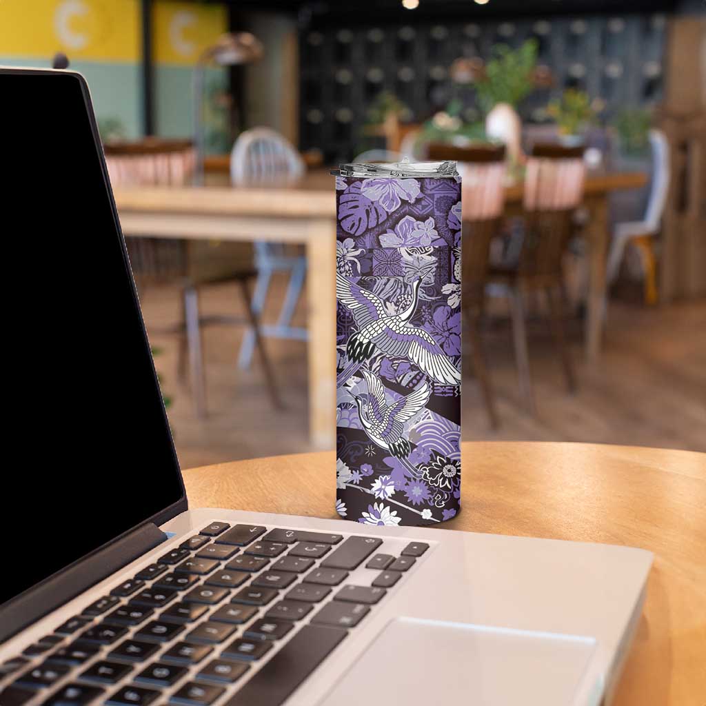 Japanese Hawaiian Crane Skinny Tumbler Purple Tapa Patchwork Pattern